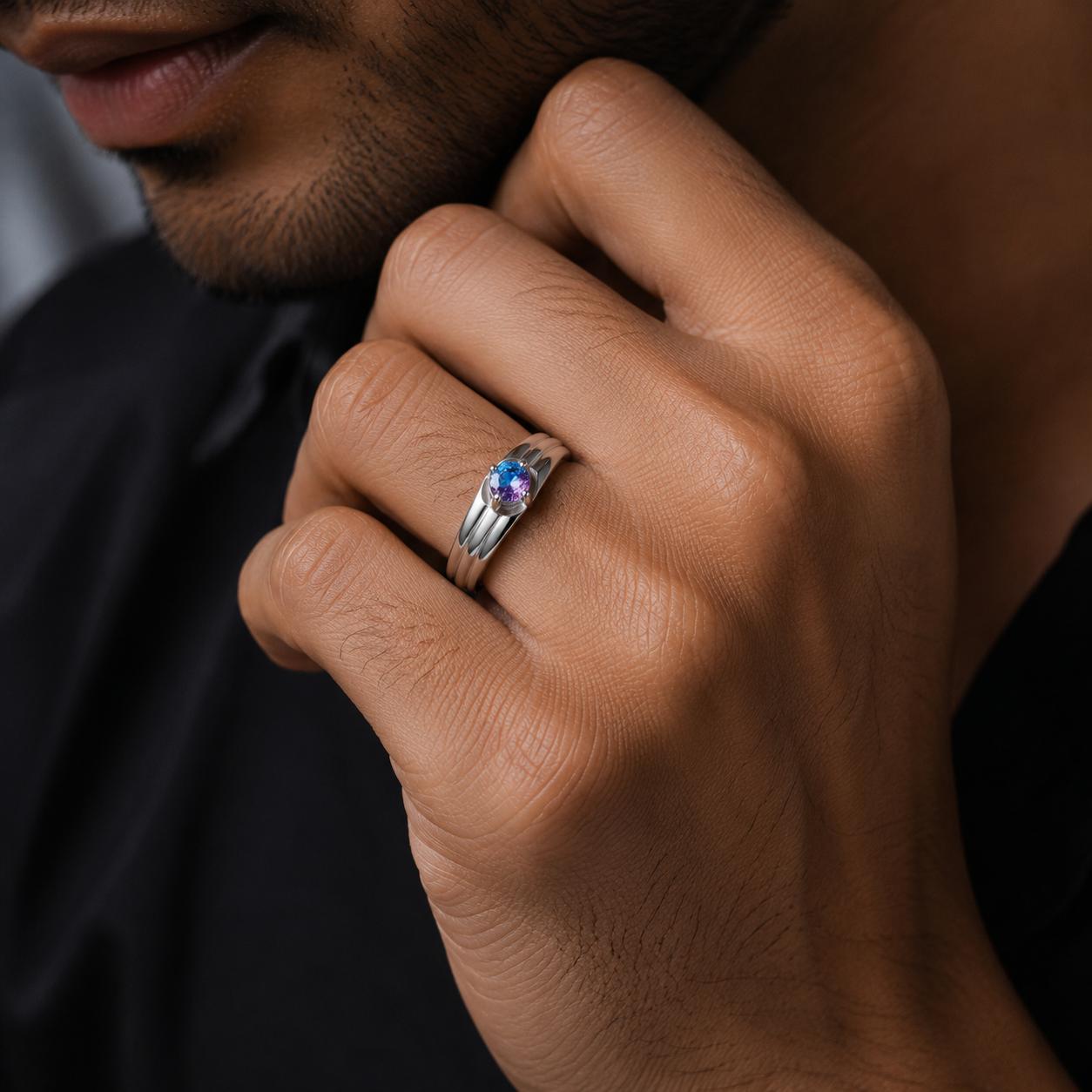 925 Sterling Silver Blue Sapphire Solitaire Adjustable Ring Men's Ring - Image 2